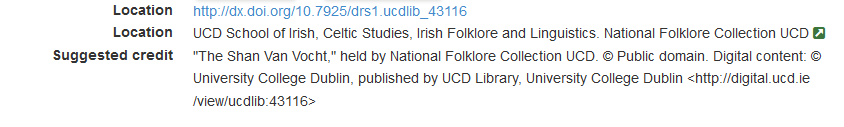 Example citation from University College Dublin's Digital Library Collections.